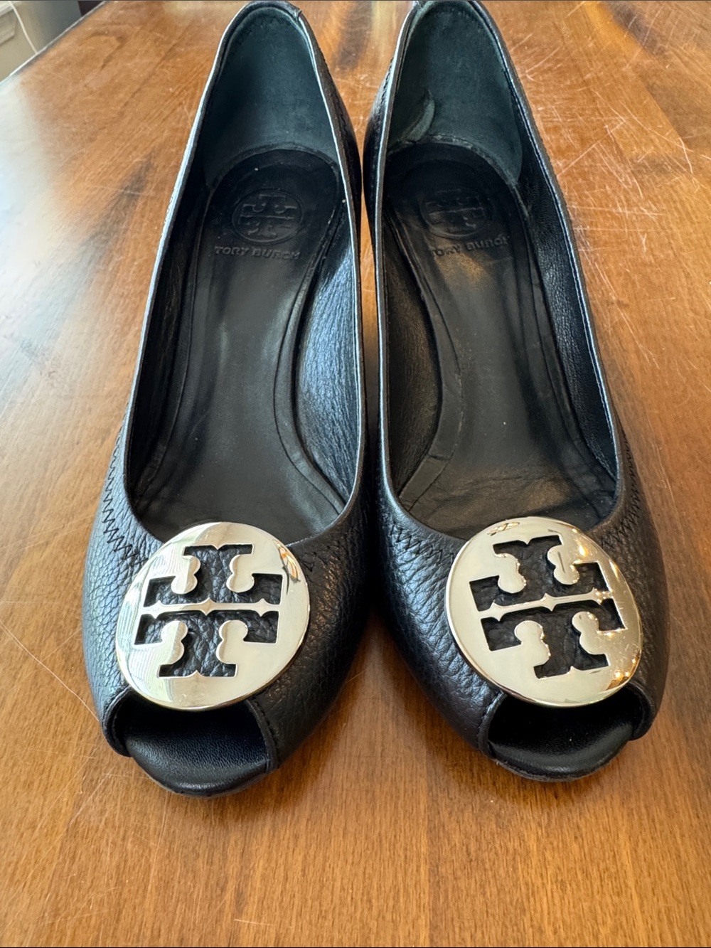 Tory Burch Black Leather Peep toe wedge pumps size 7.5